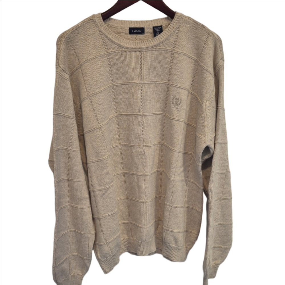 Izod Men's Beige Crewneck Cable Knit Cotton Sweater